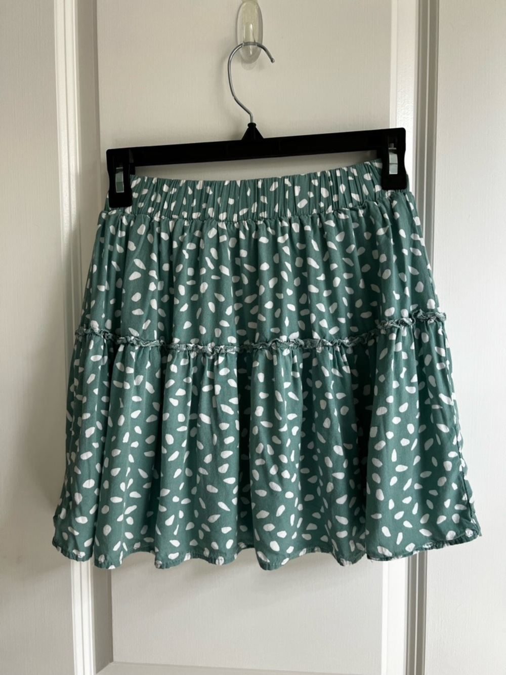 Boho High Waist Ruffle Swing Mini Skirt Teal Green with White Dot Print